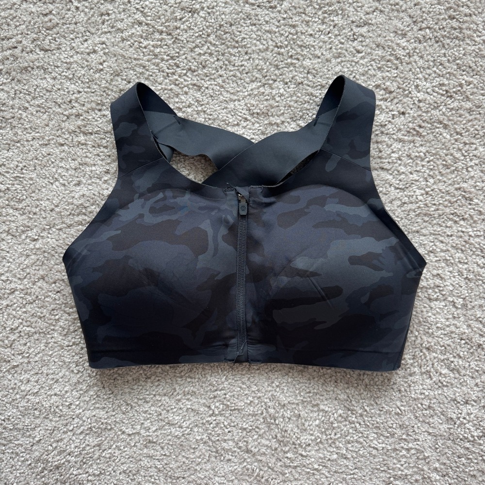 Lululemon Enlite Front Zip Sports Bra 34DD Camo High Support Running Yoga Black